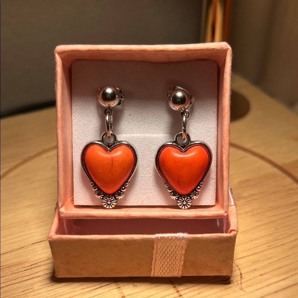 Beautiful Silver Plated Coral Hearts Dangle Earrings